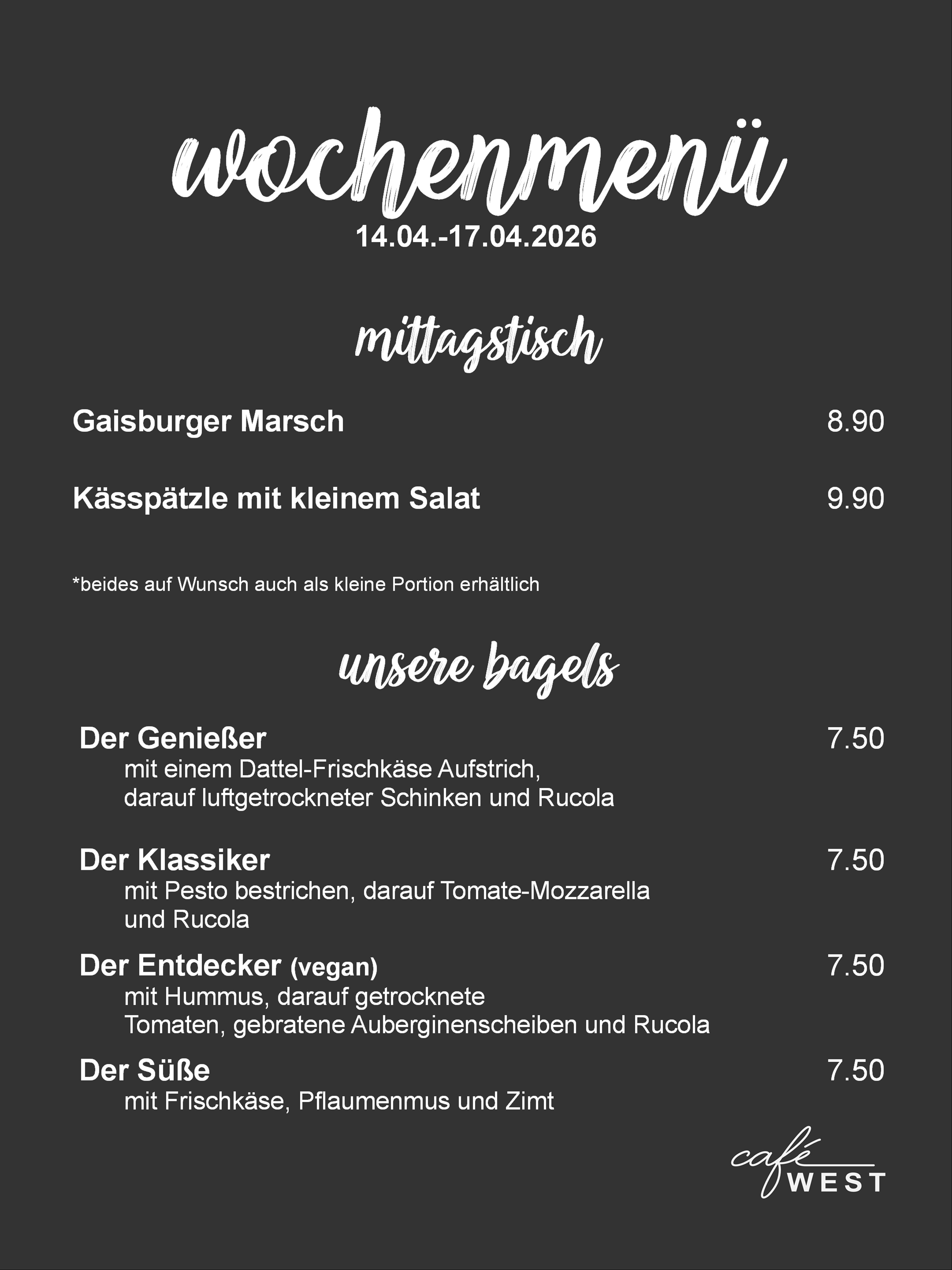 Wochenmenü für Cafe West in Schorndorf