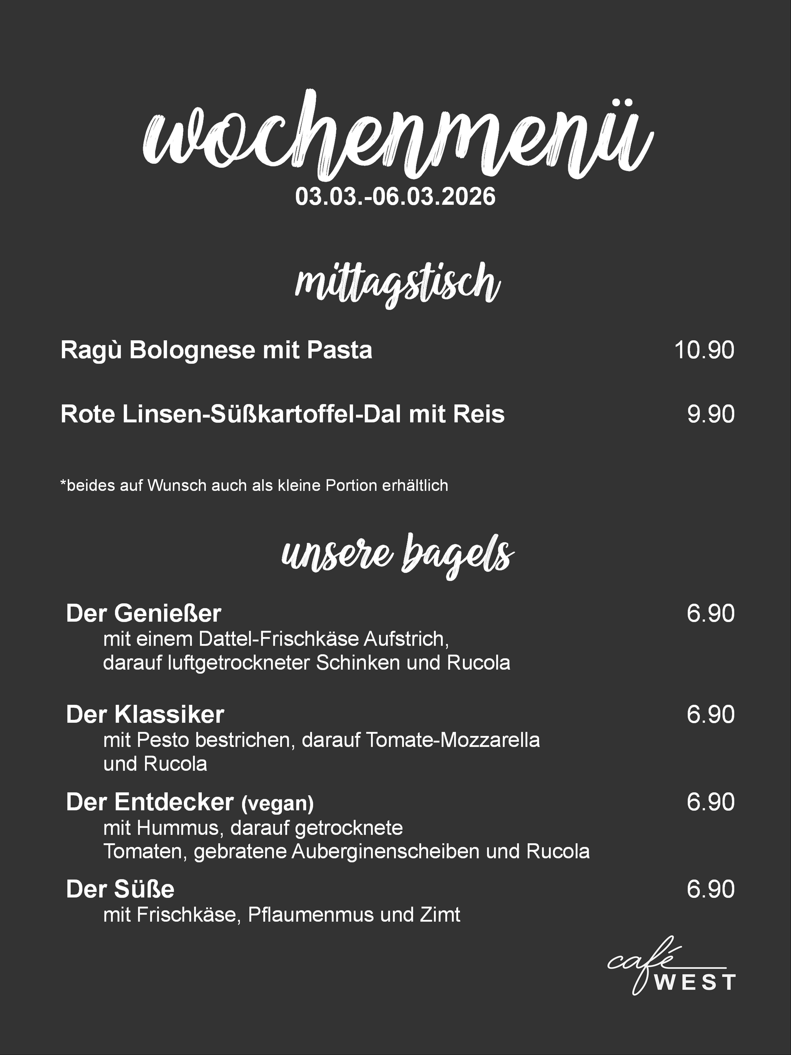 Wochenmenü für Cafe West in Schorndorf