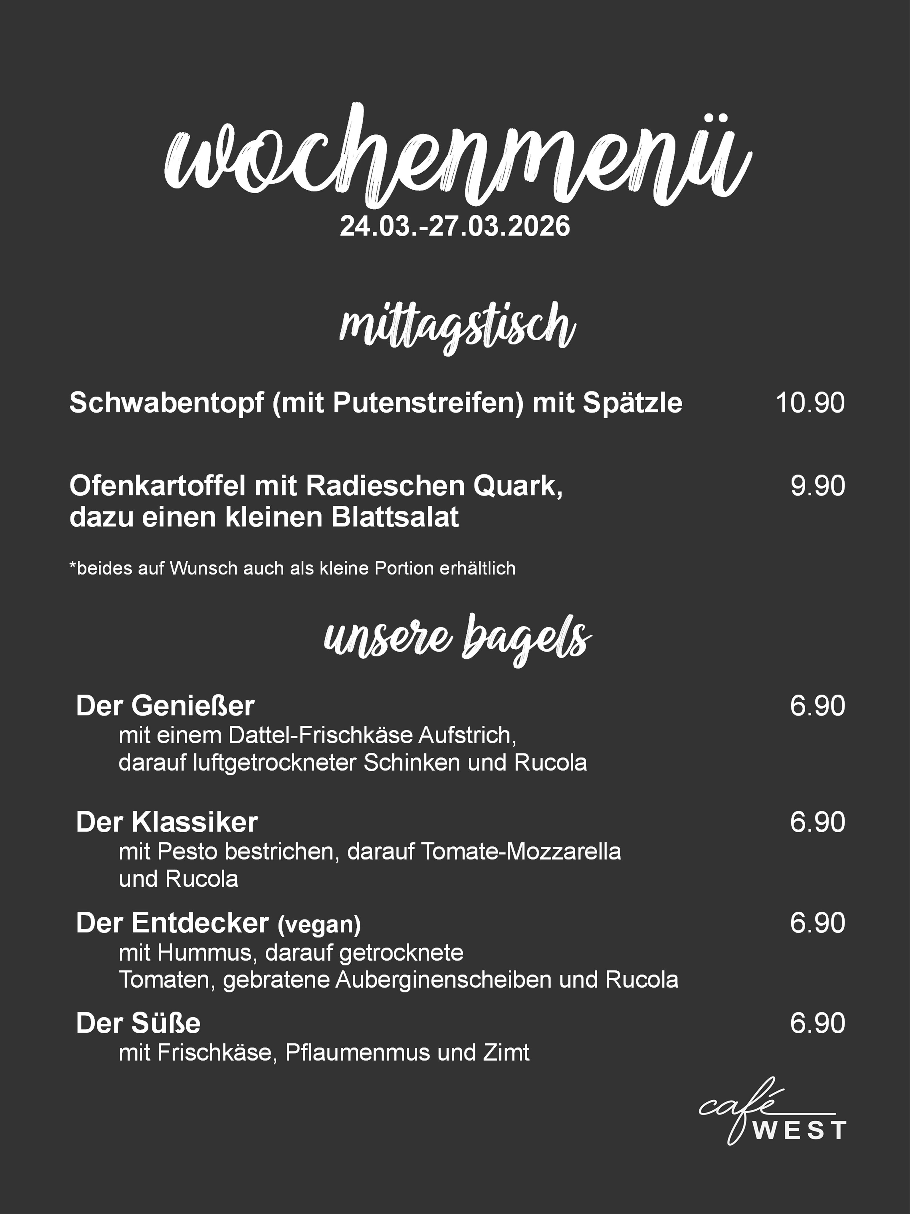 Wochenmenü für Cafe West in Schorndorf